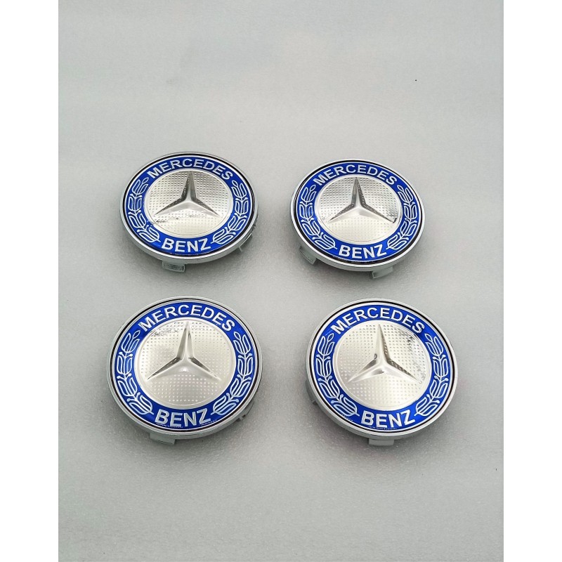 Centro de rueda Mercedes azul y plata 68mm
